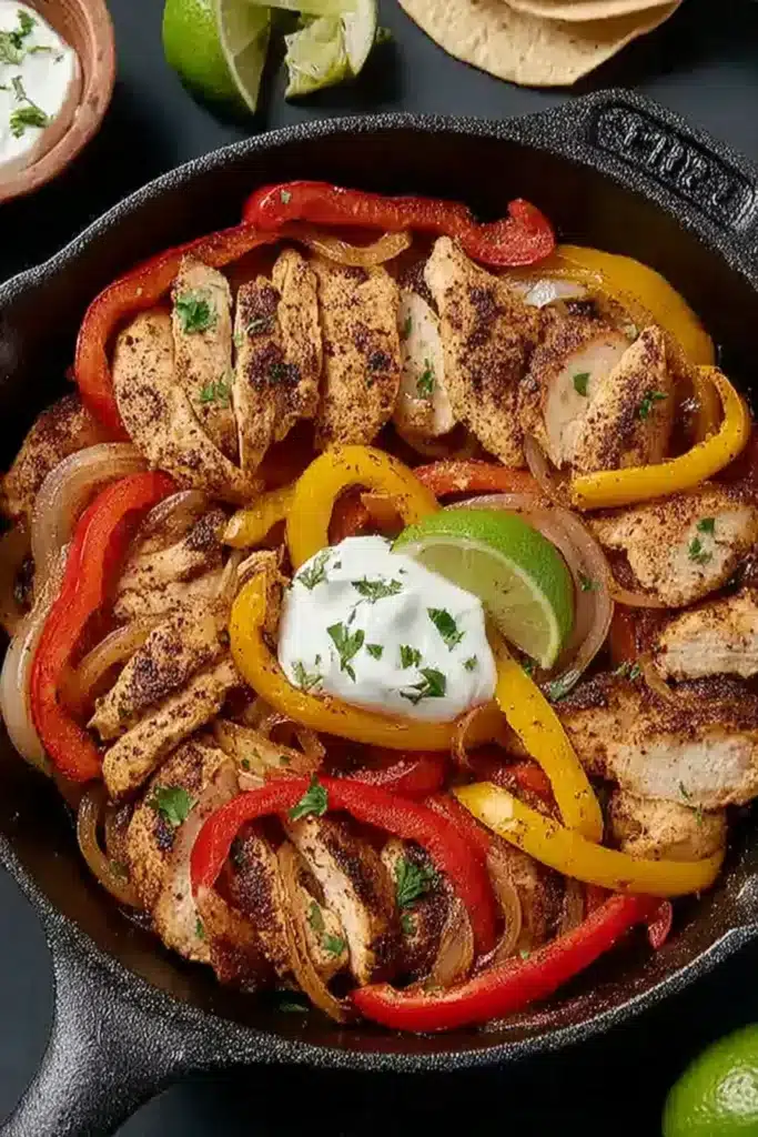 Best Chicken Fajita Casserole made with seasoned chicken, bell peppers, onions, and a creamy cheesy sauce in a skillet
