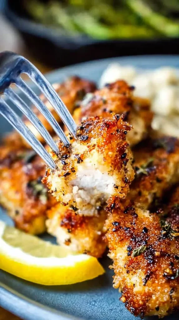 Fork lifting a piece of chicken spiedini, showing the juicy white interior and crispy golden breadcrumb crust.