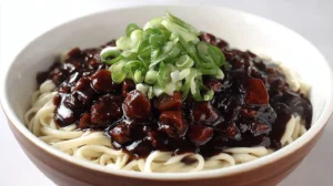 Jajangmyeon Korean black bean noodles topped with diced pork, onion sauce, and fresh sliced green onions in a white bowl