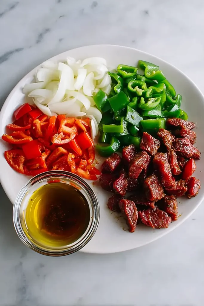 Chinese pepper steak ingredients including sliced beef, green bell peppers, red bell peppers, onions, and cooking oil on a white plate