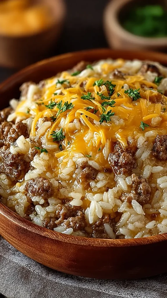 Close-up of cheesy hamburger rice casserole piled high in a wooden bowl, with ground beef, rice, and melted cheddar sprinkled with parsley.