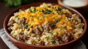 Cheesy Hamburger Rice Casserole: Easy & Wonderful Brown wooden bowl filled with cheesy hamburger rice casserole topped with melted cheddar and fresh parsley.