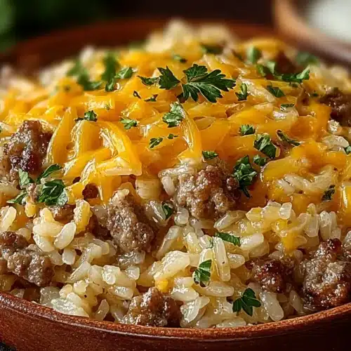 Brown wooden bowl filled with cheesy hamburger rice casserole topped with melted cheddar and fresh parsley.