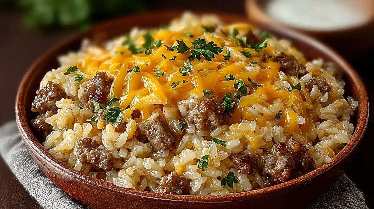 Brown wooden bowl filled with cheesy hamburger rice casserole topped with melted cheddar and fresh parsley.