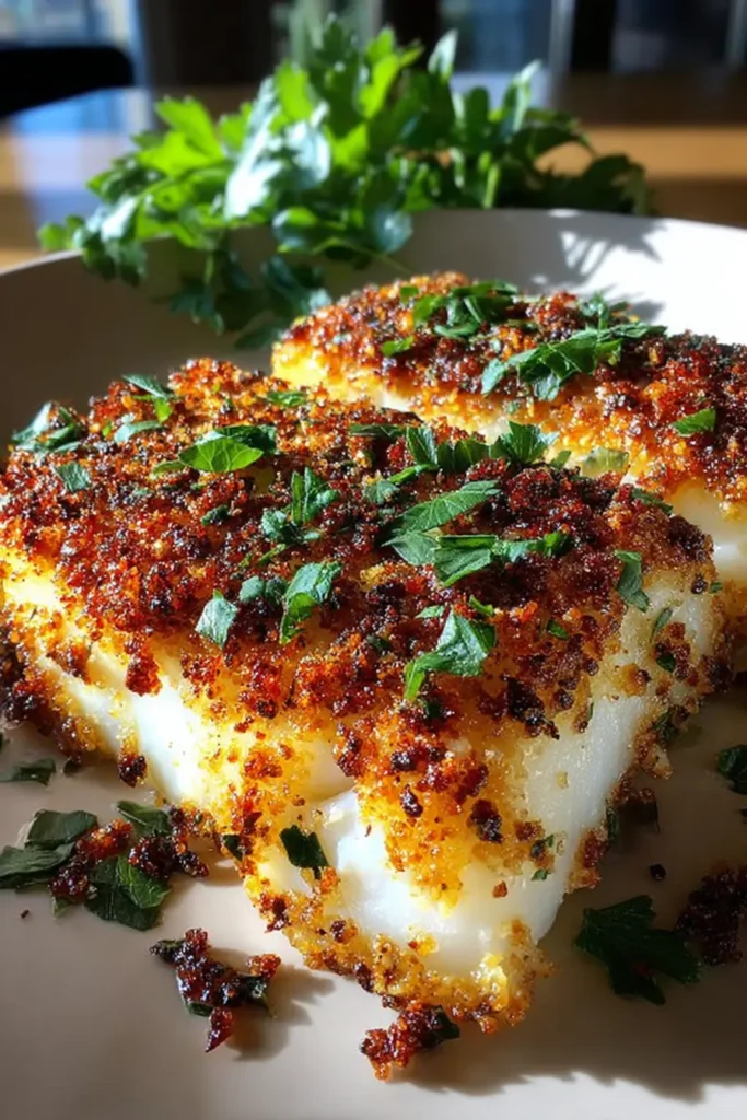 Garlic Parmesan Crusted Halibut with a golden crispy breadcrumb topping, sprinkled with fresh parsley on a white plate