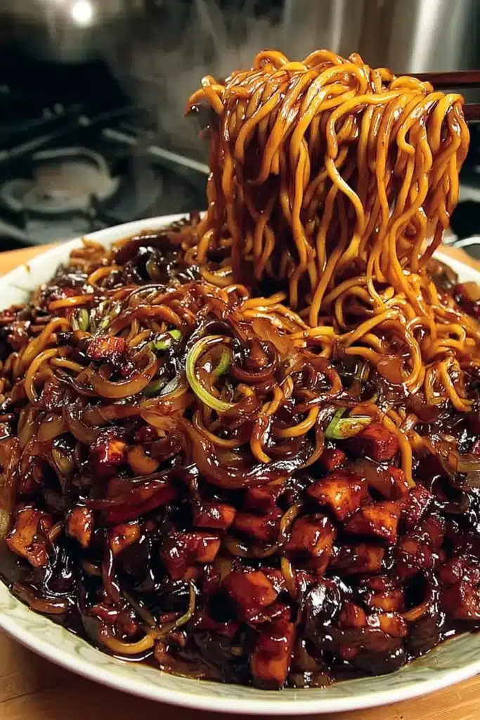Jajangmyeon noodles coated in thick Korean black bean sauce, lifted with chopsticks showing glossy texture, pork cubes, and onions