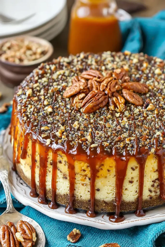 Turtle Cheesecake: Easy, Irresistible Layers with Crunch 5 Turtle Cheesecake with thick caramel sauce dripping down the sides, topped with pecans and a graham cracker crust