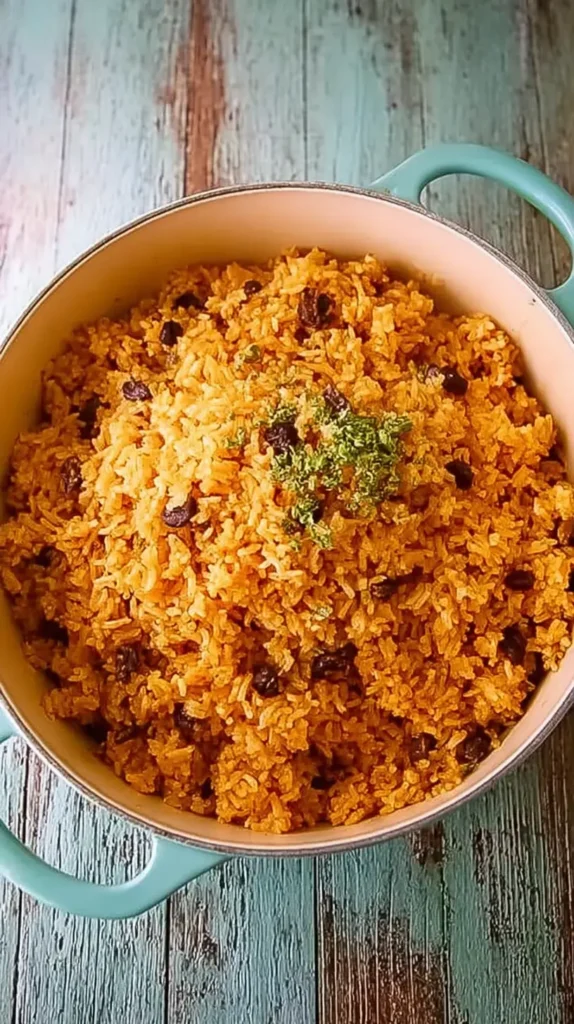 Close-up of Puerto Rican rice with beans and green herb garnish in a turquoise handled Dutch oven on a wooden surface.