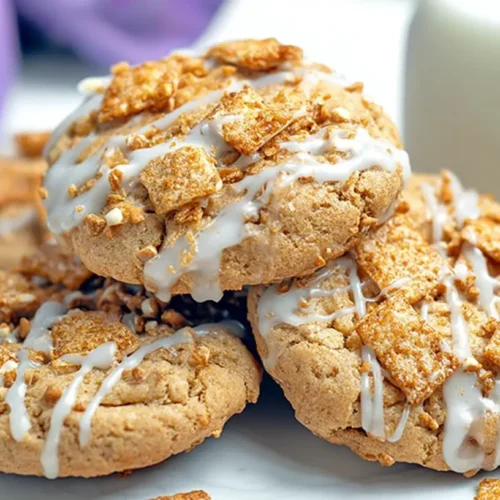 Cinnamon Toast Crunch Cookies stacked on a plate with vanilla glaze drizzle and Cinnamon Toast Crunch cereal pieces scattered around