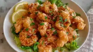 Bang Bang Shrimp Recipe served in a white bowl with creamy spicy sauce, fresh herbs, and lemon slices