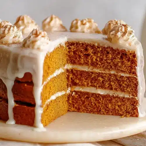 Pumpkin Cake with Cinnamon frosted with cinnamon cream cheese icing, sliced to show layered pumpkin cake on a marble board