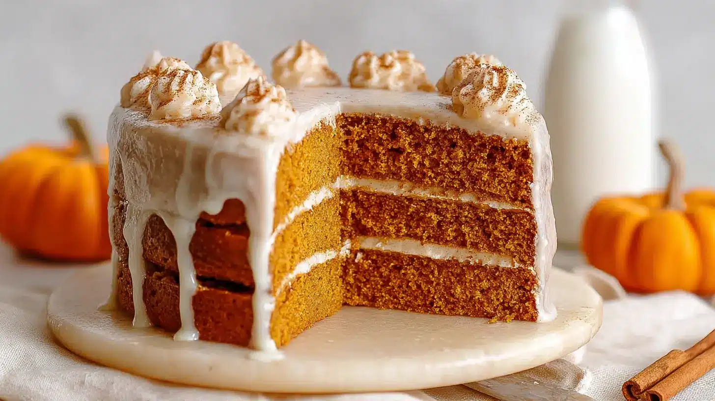 Pumpkin Cake with Cinnamon frosted with cinnamon cream cheese icing, sliced to show layered pumpkin cake on a marble board