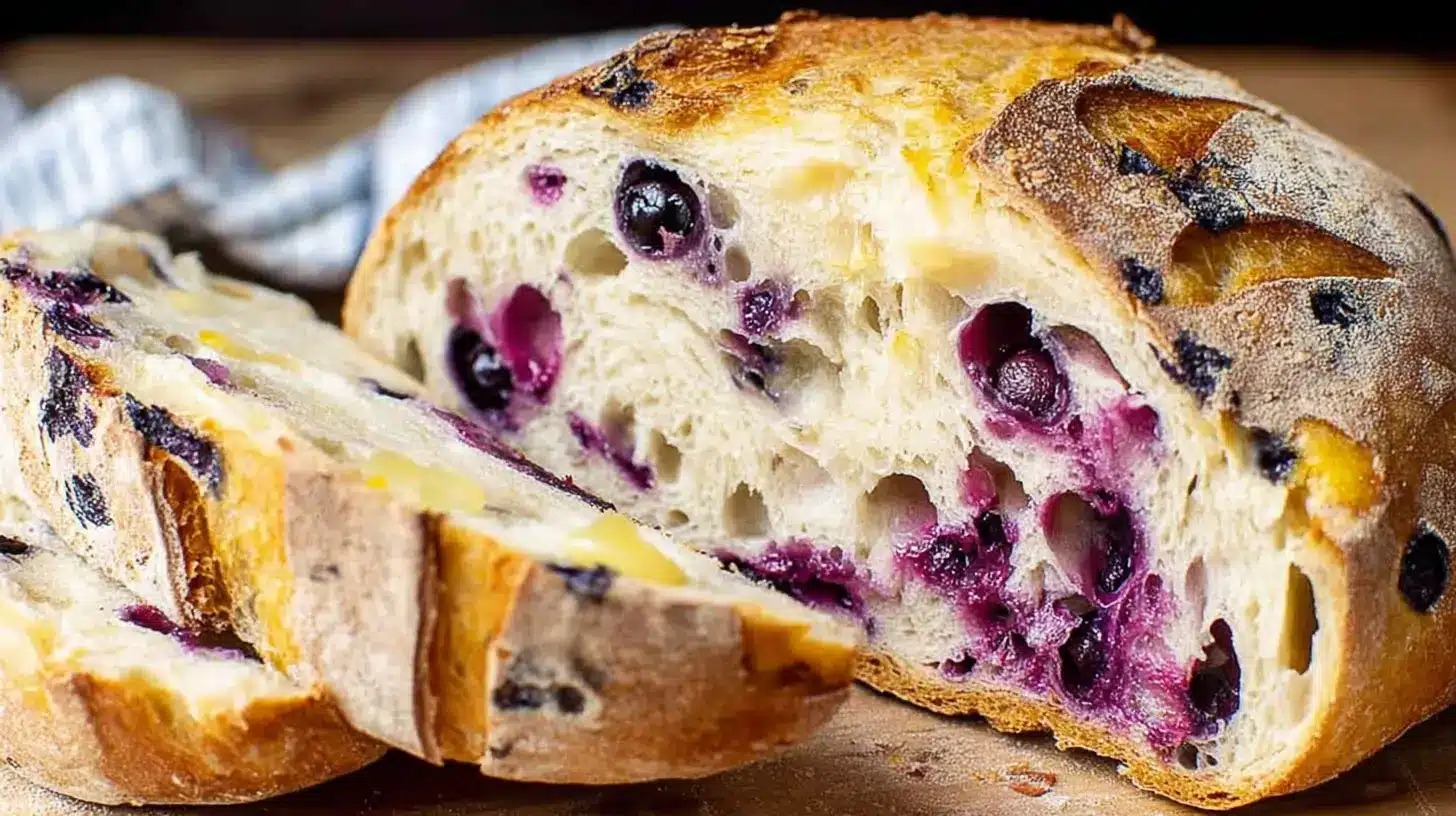 Sliced lemon blueberry sourdough bread on a wooden board, showing a crusty golden crust and airy crumb studded with blueberries.
