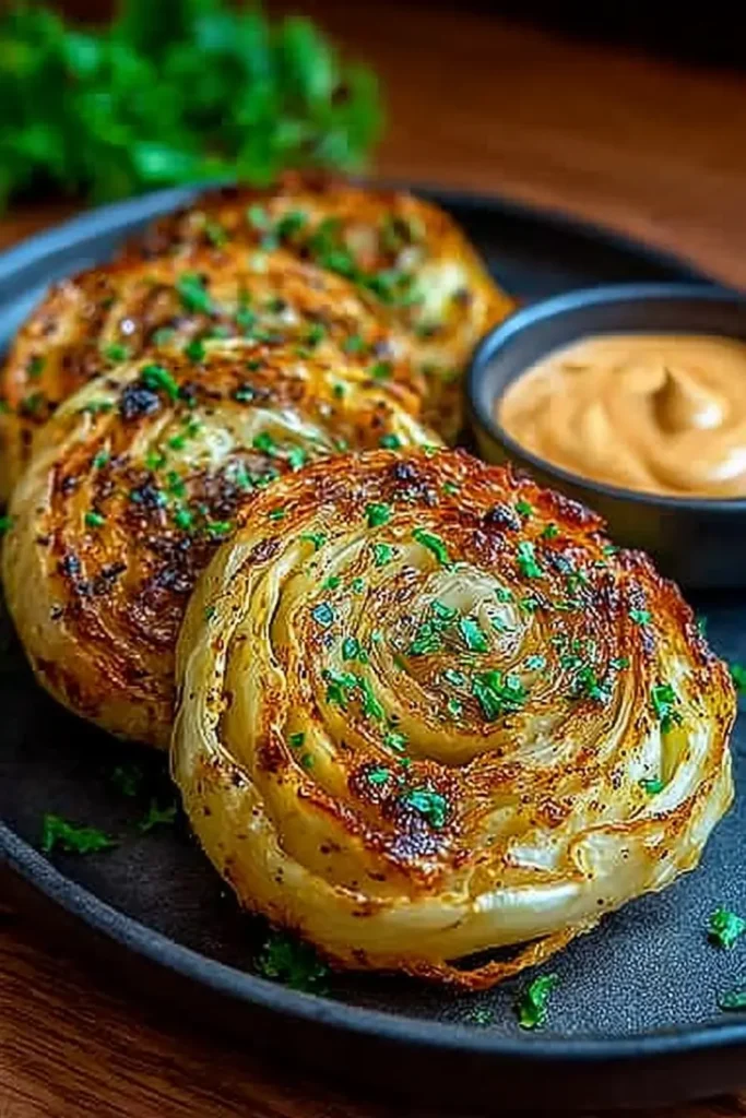 Oven Roasted Garlic Cabbage Steaks: Simple, Flavor-Packed & Wonderful 3 Golden-brown roasted garlic cabbage steaks on a dark plate with fresh herbs and a small bowl of dipping sauce.