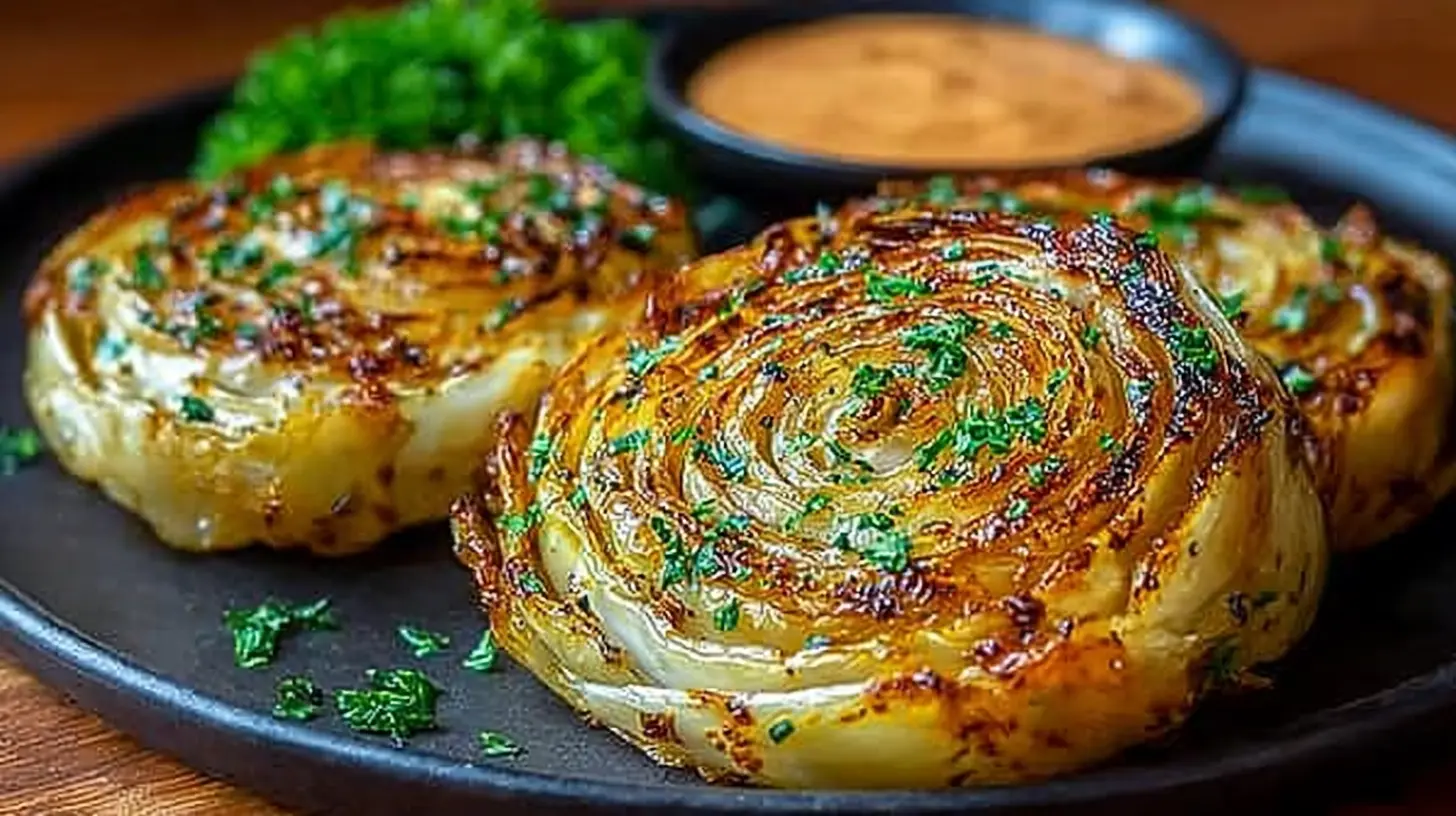 Oven Roasted Garlic Cabbage Steaks: Simple, Flavor-Packed & Wonderful 1 Close-up of three roasted garlic cabbage steaks on a dark plate, garnished with chopped parsley and served with a dipping sauce.
