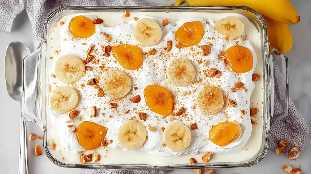 Easy banana pudding layered with vanilla wafers, sliced bananas, creamy pudding, and whipped topping in a glass dish