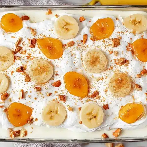 Easy banana pudding layered with vanilla wafers, sliced bananas, creamy pudding, and whipped topping in a glass dish