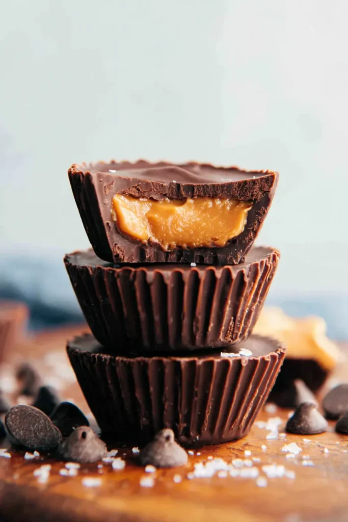 Peanut Butter Cups stacked with one cut open to show a creamy peanut butter filling inside a dark chocolate shell