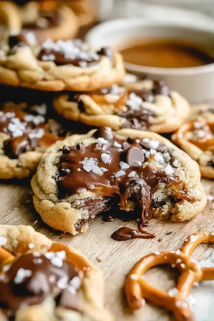 Pretzel Caramel Chocolate Chip Cookies with melted chocolate, gooey caramel drizzle, and flaky sea salt on a rustic board