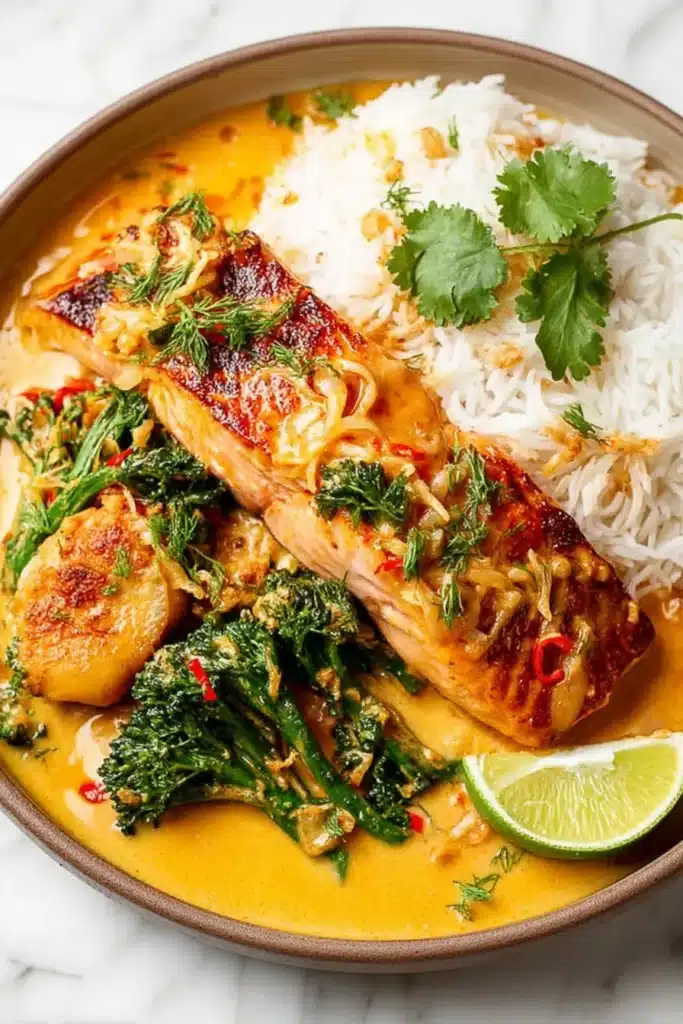 Plate of salmon coconut curry served with white rice, broccolini, fresh herbs and a lime wedge on the side.