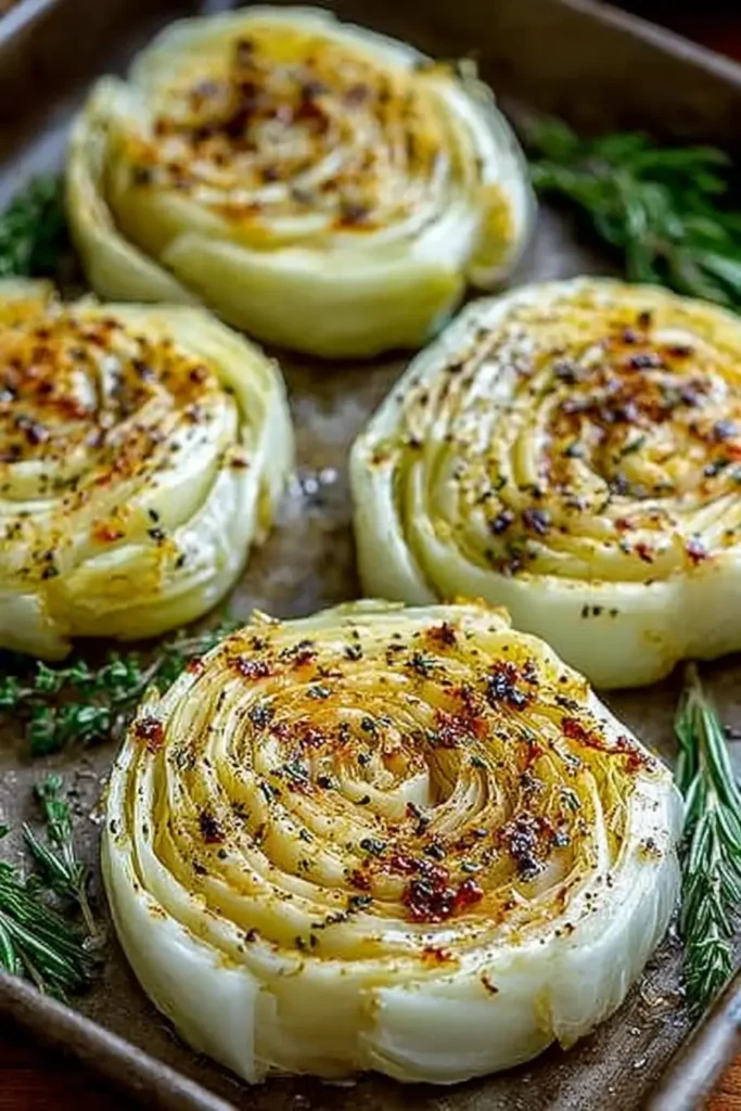 Oven Roasted Garlic Cabbage Steaks: Simple, Flavor-Packed & Wonderful 4 Raw cabbage steaks arranged on a sheet pan, brushed with oil and sprinkled with garlic and herbs.