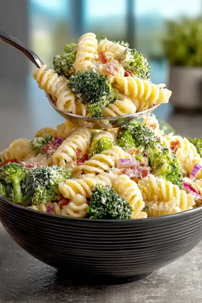 Fresh Broccoli Pasta Salad served on a spoon with rotini pasta, broccoli florets, bacon bits, and creamy dressing in a black bowl