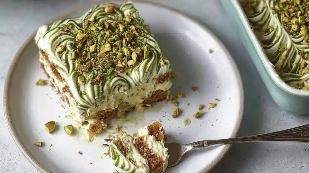 Pistachio Tiramisu slice served on a plate with creamy pistachio topping, soft layered filling, and crushed pistachios scattered on top