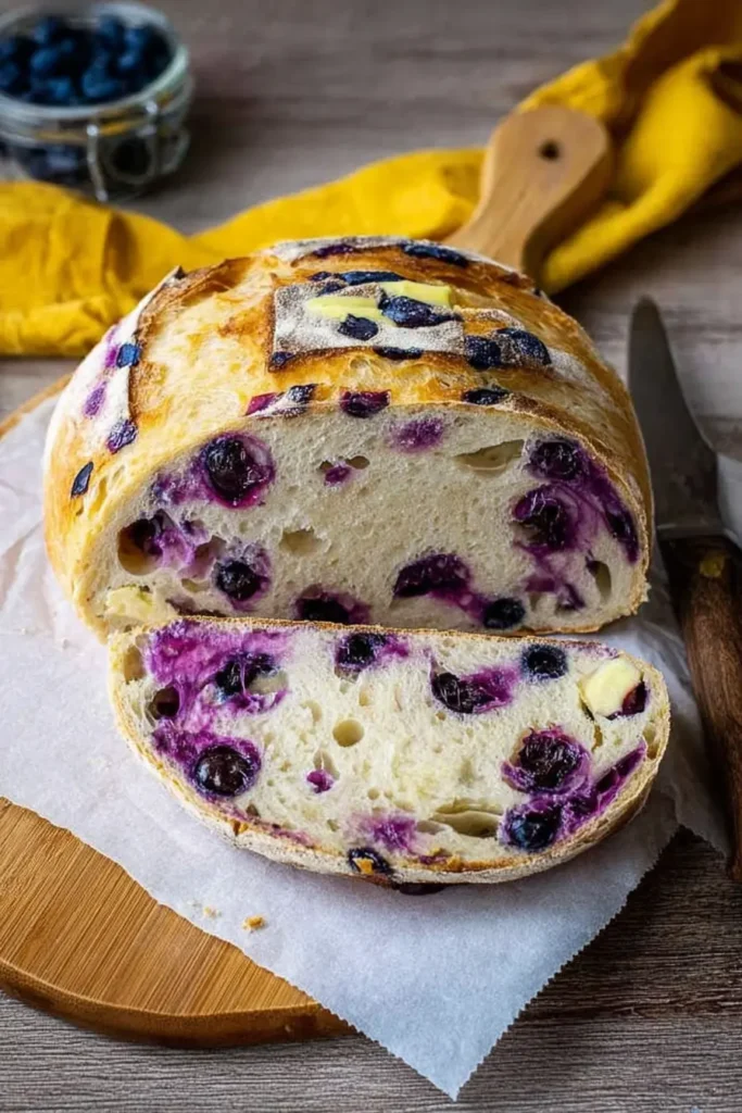 Round lemon blueberry sourdough bread on a wooden board, sliced open to reveal a soft crumb filled with blueberries.