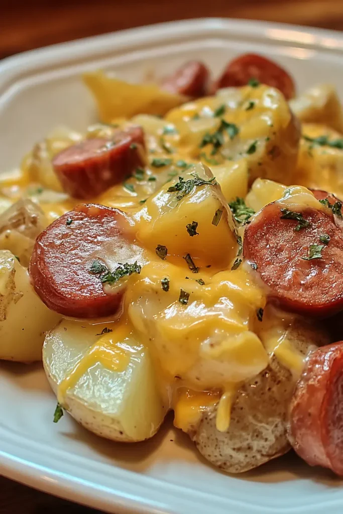 Close-up of Cheesy Ranch Potatoes and Smoked Sausage on a white plate, with tender potato chunks coated in melted cheese and slices of browned sausage.