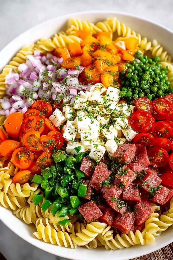 Italian Dressing Pasta Salad ingredients in a large bowl with rotini pasta, cherry tomatoes, red onion, bell peppers, mozzarella cubes, peas, and salami