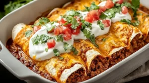 Easy cheesy ground beef enchiladas baked in a casserole dish with enchilada sauce, melted cheese, sour cream, and cilantro on top