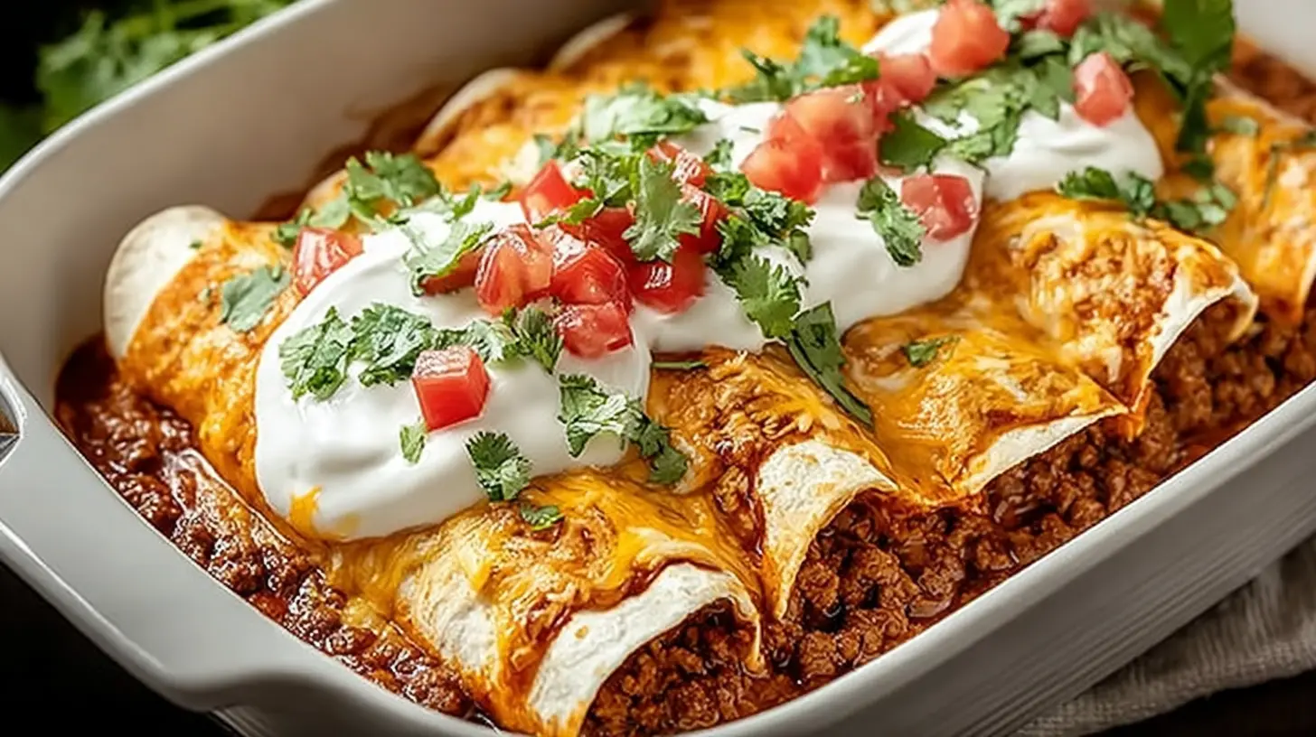 Easy cheesy ground beef enchiladas baked in a casserole dish with enchilada sauce, melted cheese, sour cream, and cilantro on top