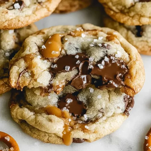Pretzel Caramel Chocolate Chip Cookies topped with caramel drizzle, chocolate chunks, crunchy pretzels, and flaky sea salt on a marble surface