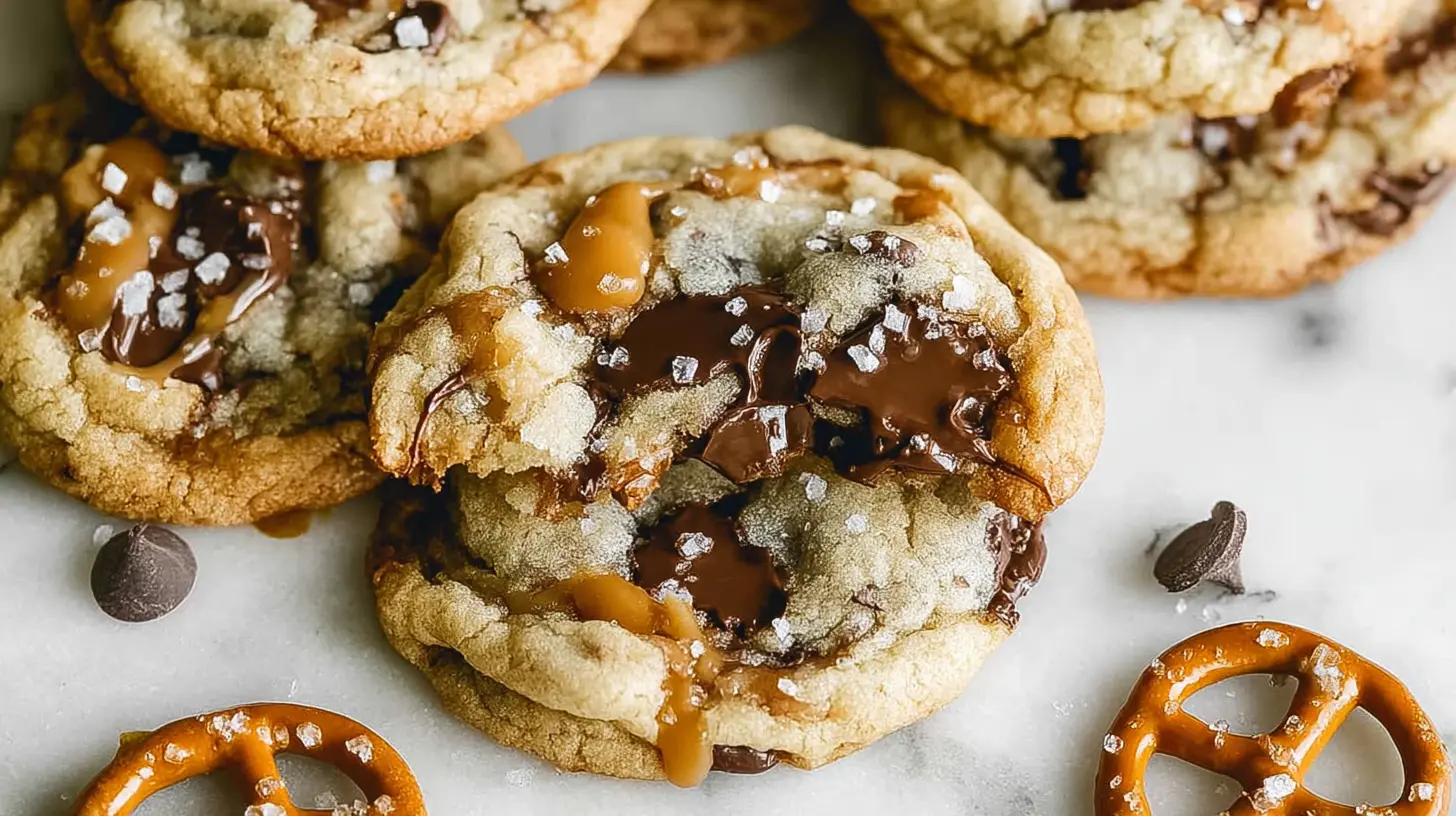 Pretzel Caramel Chocolate Chip Cookies topped with caramel drizzle, chocolate chunks, crunchy pretzels, and flaky sea salt on a marble surface