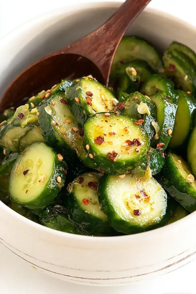 Japanese cucumber salad served in a white bowl with sesame seeds and chili flakes, ready to serve