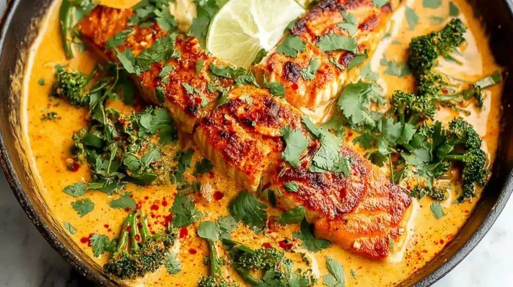 Close-up of salmon coconut curry in a skillet, with seared salmon fillets, broccoli florets, cilantro and lime slices in a creamy orange sauce.