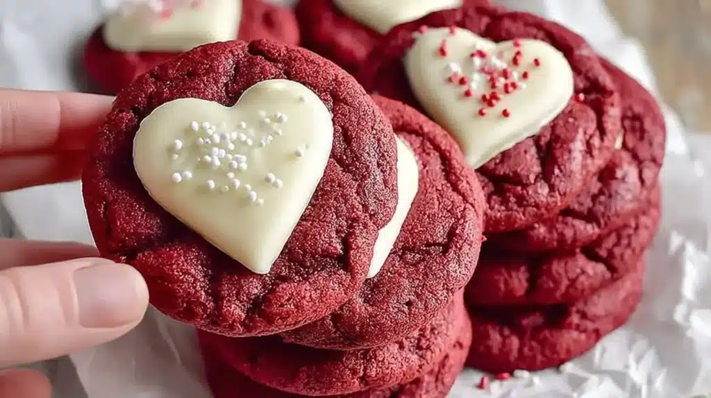 Red Velvet Sugar Cookies close-up with a white chocolate heart topper and sprinkles, held in hand with more cookies in the background