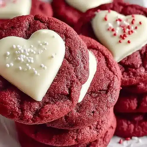 Red Velvet Sugar Cookies: Quick, Beautiful, Flavor-Packed 2 Red Velvet Sugar Cookies close-up with a white chocolate heart topper and sprinkles, held in hand with more cookies in the background