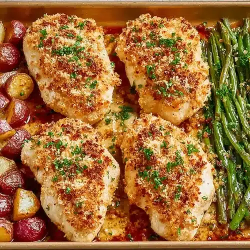 Parmesan Crusted Chicken Sheet Pan Dinner: Easy, Flavor-Packed 3 Parmesan Crusted Chicken Sheet Pan Dinner with crispy chicken breasts, roasted baby potatoes, and garlicky green beans on a baking tray