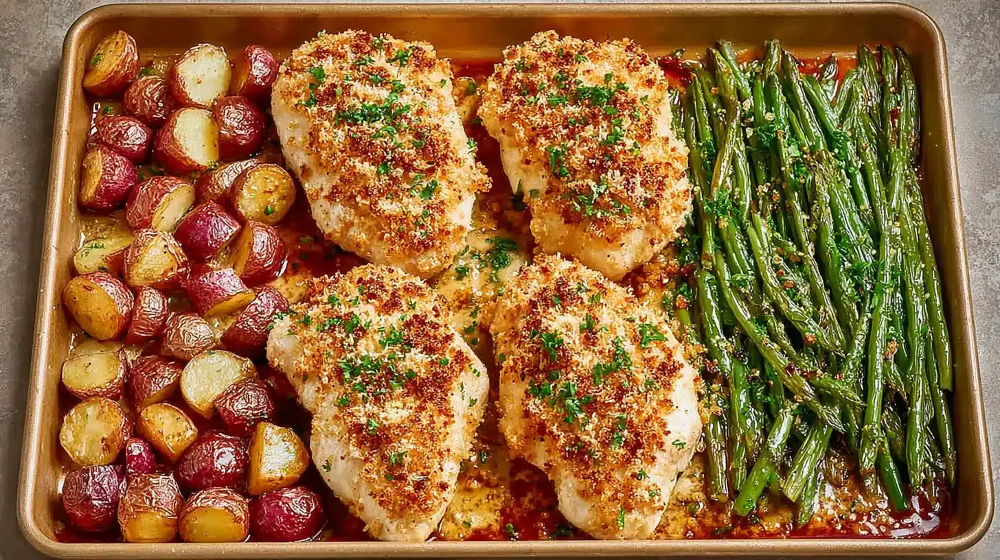 Parmesan Crusted Chicken Sheet Pan Dinner: Easy, Flavor-Packed 1 Parmesan Crusted Chicken Sheet Pan Dinner with crispy chicken breasts, roasted baby potatoes, and garlicky green beans on a baking tray