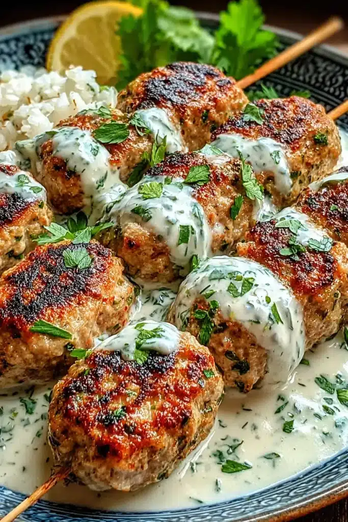How to Make Chicken Kofta with Garlic Yogurt Sauce Fast 2 Chicken kofta with garlic yogurt sauce served on skewers, grilled golden and drizzled with creamy herb yogurt