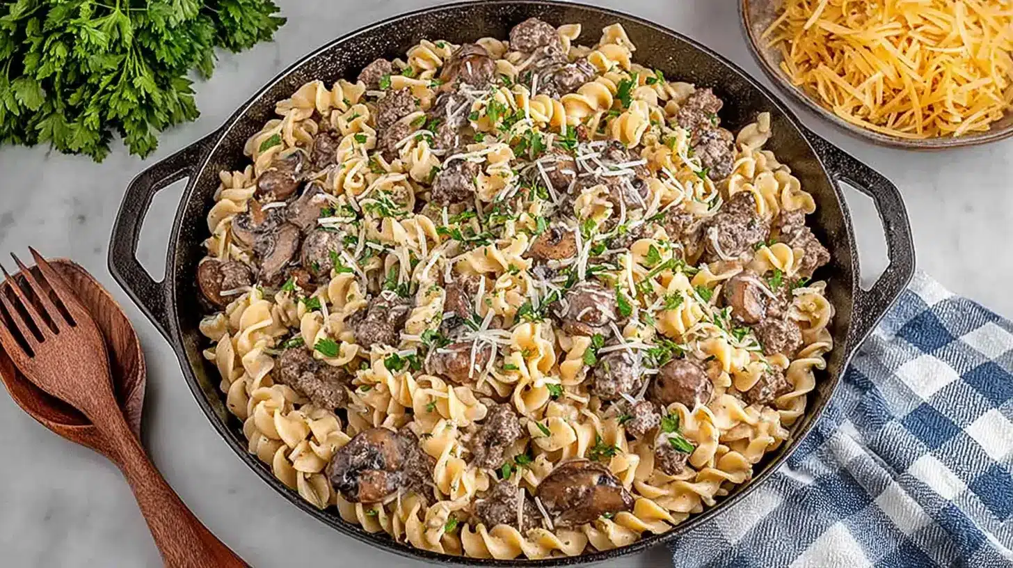 Ground Beef Stroganoff cooked in a skillet with egg noodles, mushrooms, creamy sauce, and a shower of parsley and shredded cheese