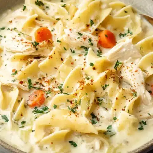 Creamy Chicken Noodle Soup with tender noodles, shredded chicken, carrots, and herbs in a rich creamy broth