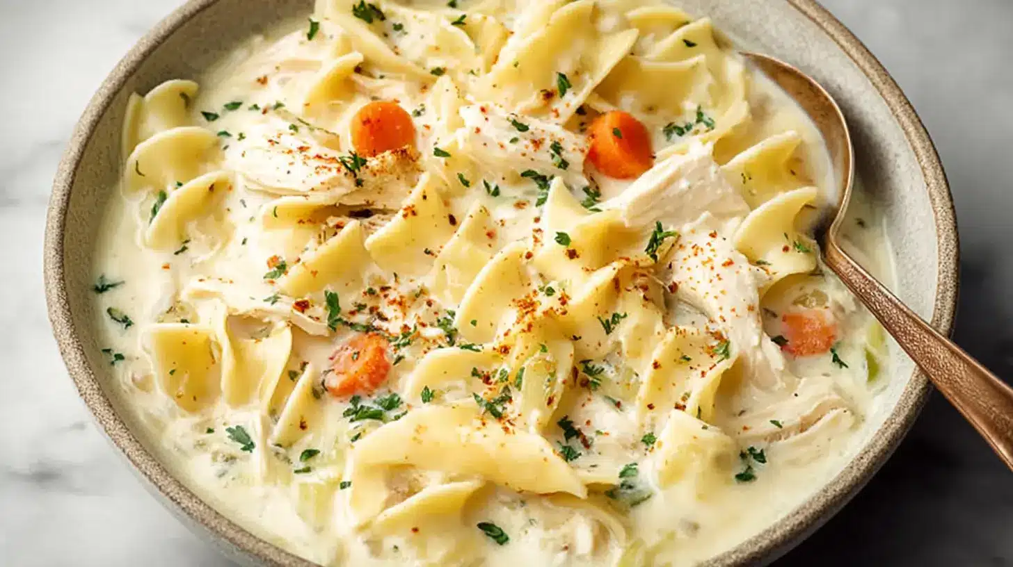 Creamy Chicken Noodle Soup with tender noodles, shredded chicken, carrots, and herbs in a rich creamy broth