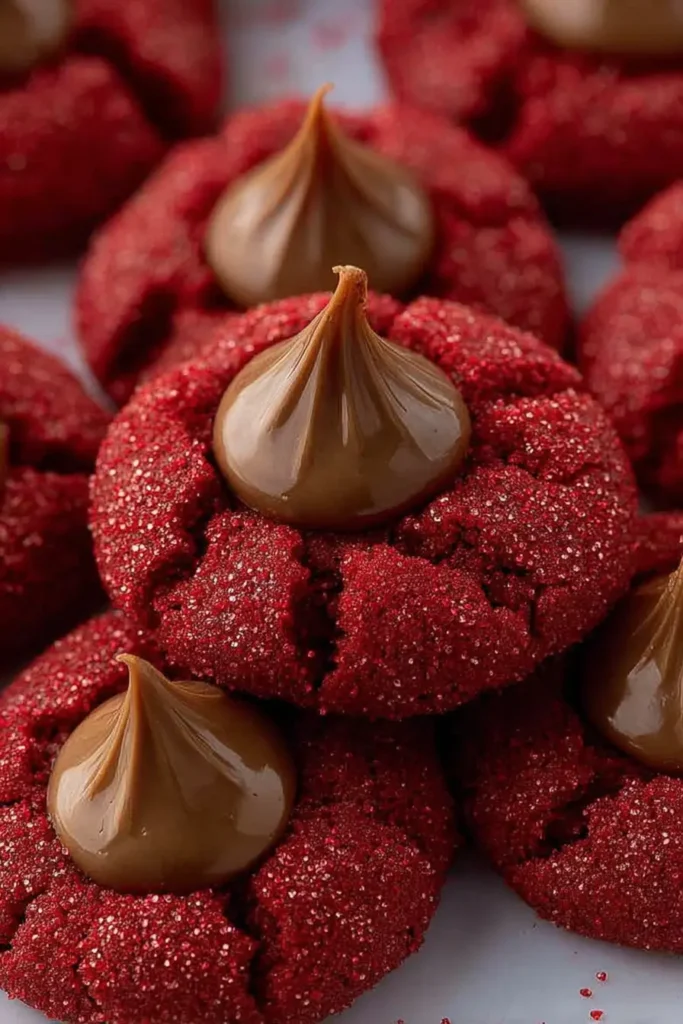 Red Velvet Blossoms Cookies coated in red sanding sugar, topped with a milk chocolate kiss, soft and crinkly on a baking tray