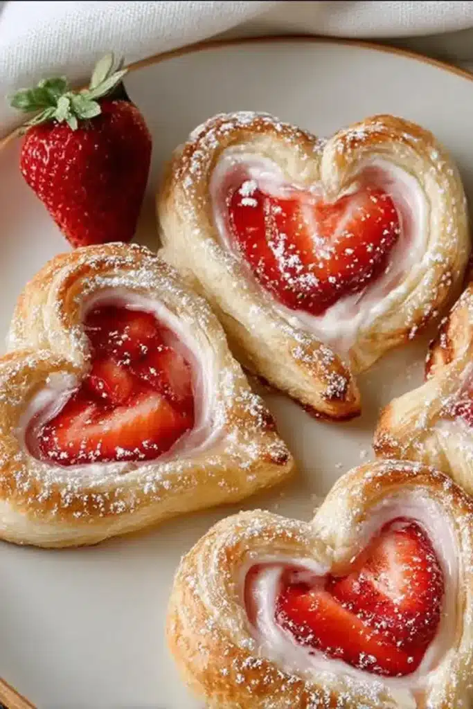 Strawberry Cream Danish close-up showing flaky puff pastry hearts filled with creamy vanilla filling and strawberry slices with powdered sugar