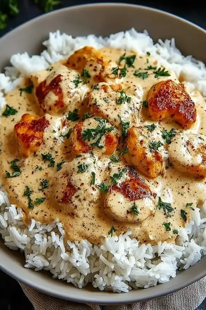 Creamy Smothered Chicken and Rice with golden seared chicken pieces smothered in a rich creamy sauce over fluffy white rice, finished with parsley and black pepper