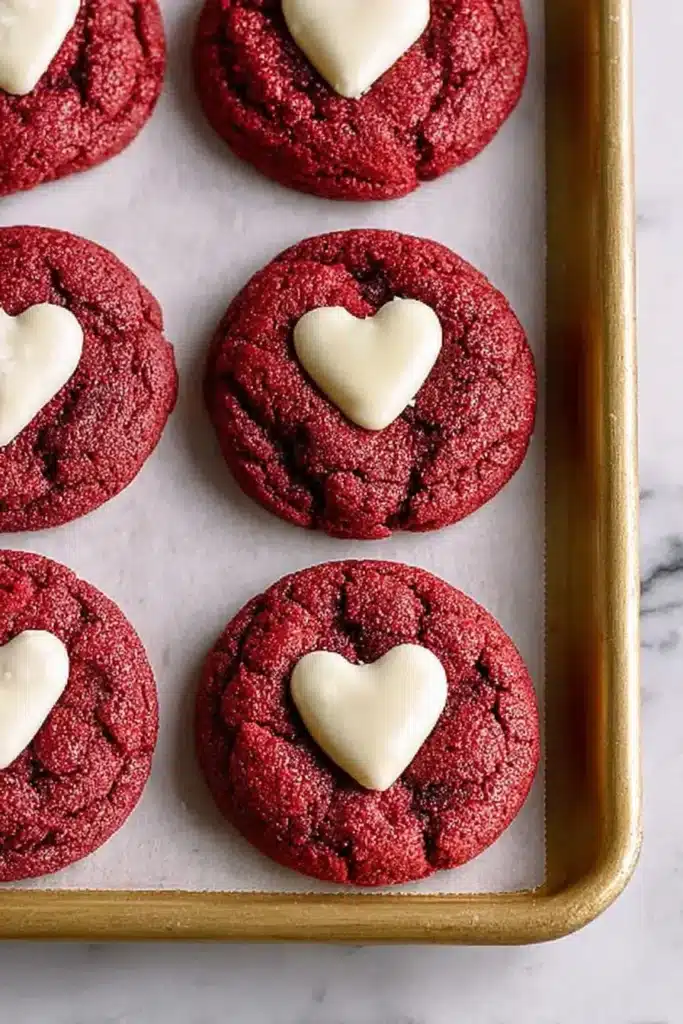 Red Velvet Sugar Cookies: Quick, Beautiful, Flavor-Packed 3 Red Velvet Sugar Cookies topped with white chocolate heart candies on a parchment-lined baking sheet