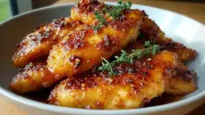 Air Fryer Maple Glazed Chicken Breast pieces stacked in a bowl with sticky maple glaze and fresh thyme garnish
