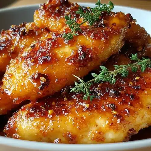 Air Fryer Maple Glazed Chicken Breast pieces stacked in a bowl with sticky maple glaze and fresh thyme garnish